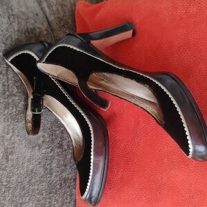 Cole Haan Mary Jane Brown Velvet And Leather Heels With Gold Leather Trim